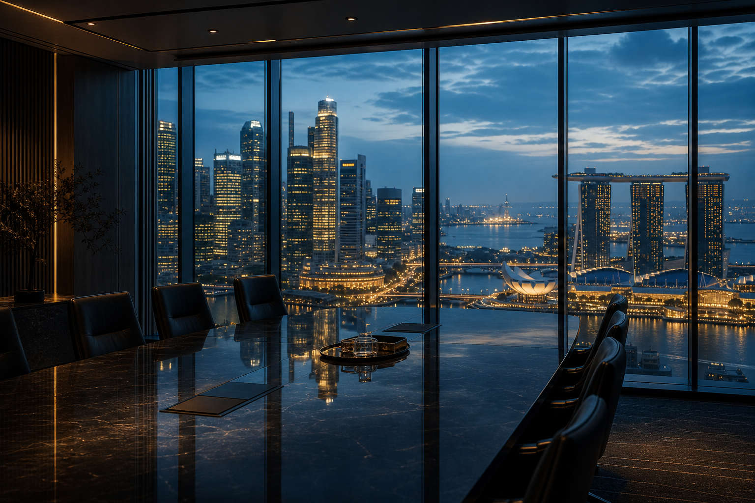 Singapore skyline at dusk from an executive boardroom